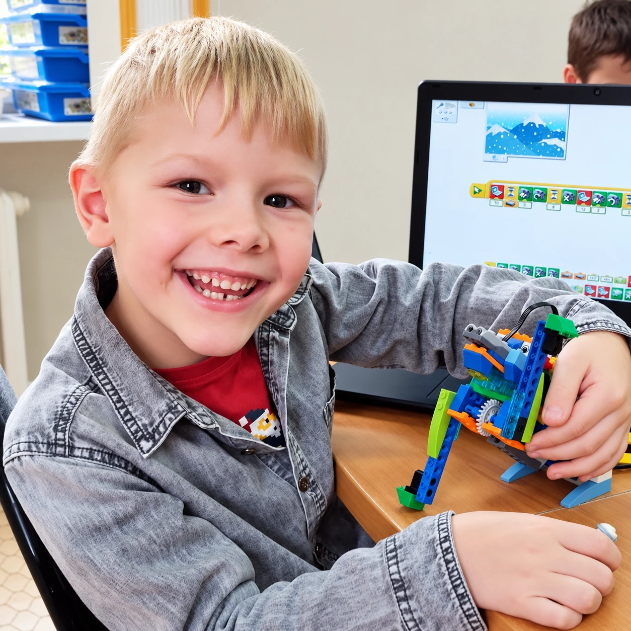 Улыбающийся ученик курса «Ниндзяго» показывает шагающую LEGO-модель у ноутбука