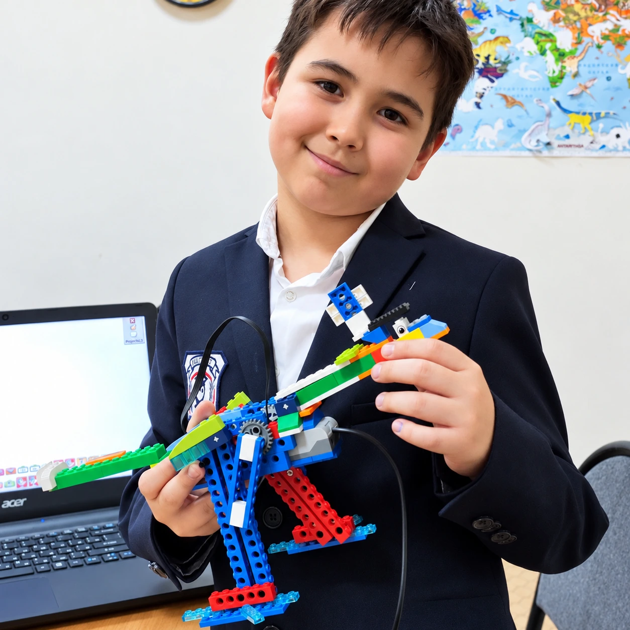 Ученик показывает собранную модель динозавра LEGO