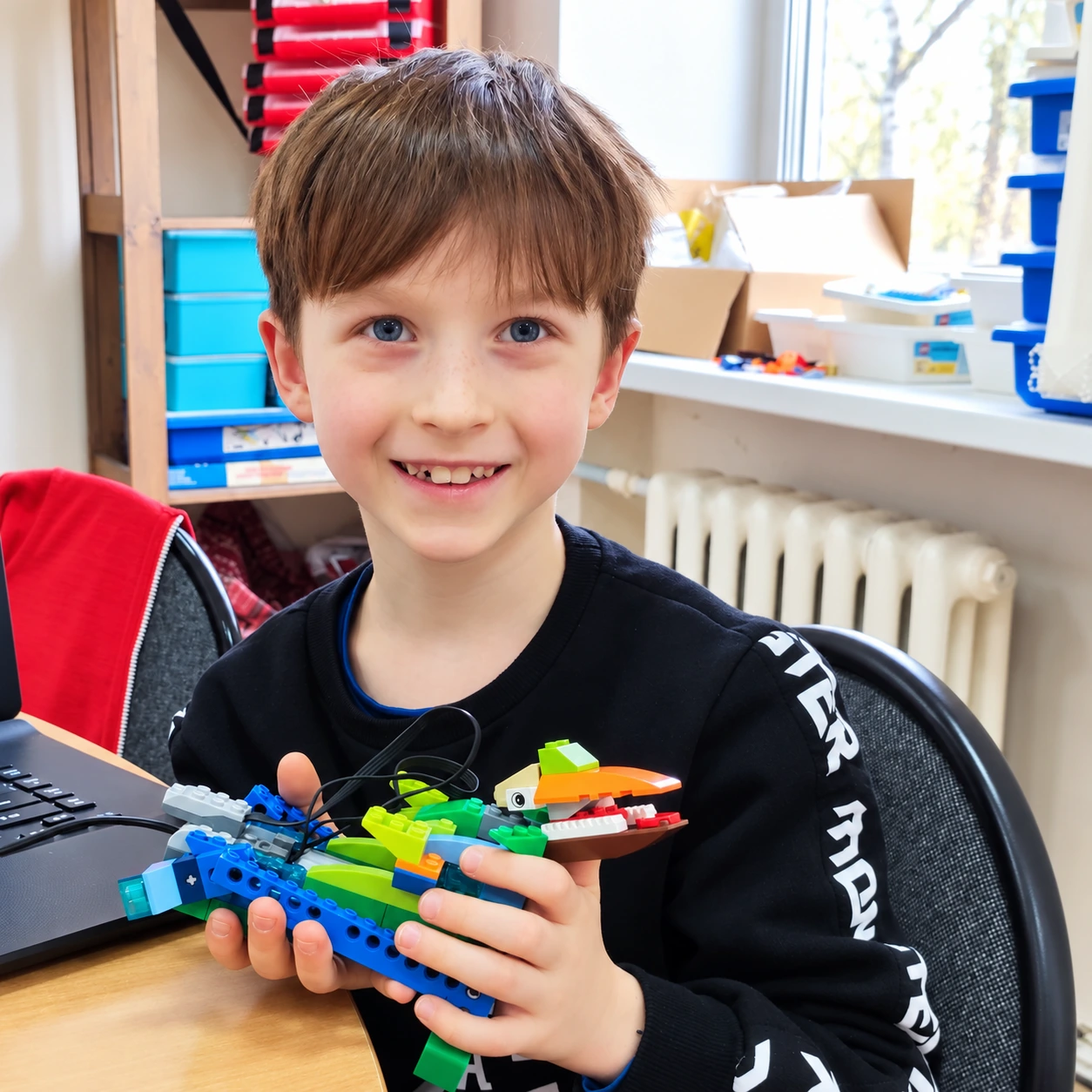 Ученик с LEGO-драконом рядом с программой на ноутбуке