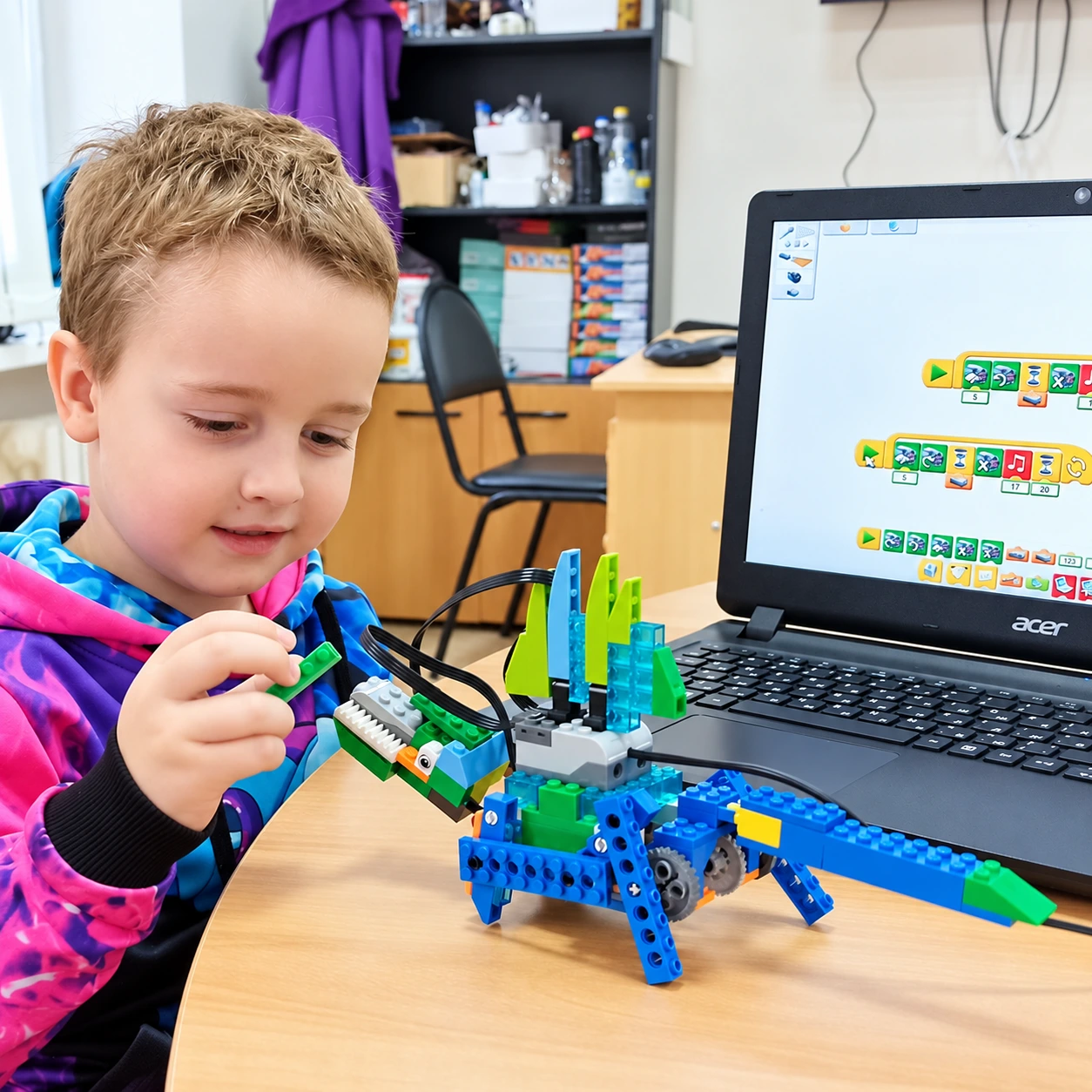 Ученик в яркой толстовке собирает модель динозавра LEGO у ноутбука
