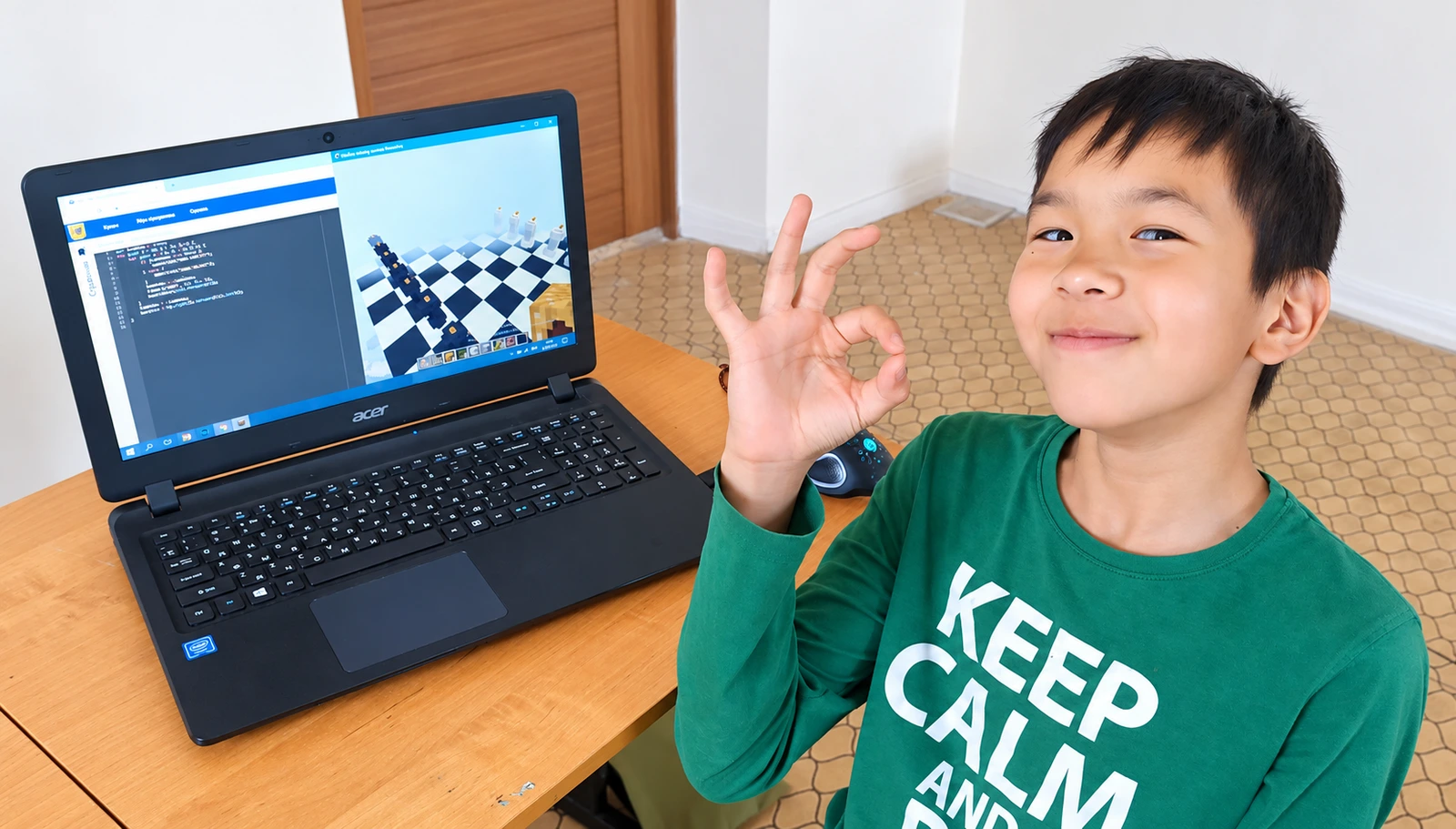 Ученик с шахматной доской, созданной в Minecraft
