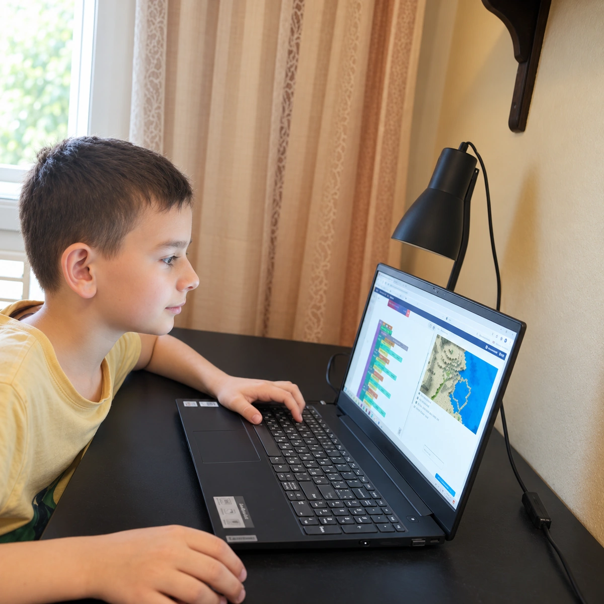 Ученик занимается Minecraft-программированием дома